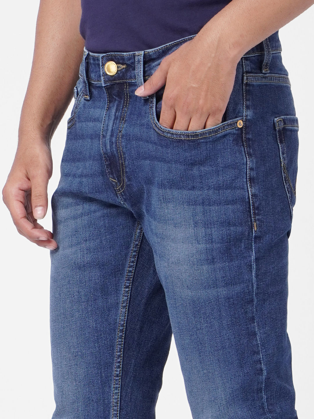 Blue Low Rise Washed Tim Anti Fit Jeans