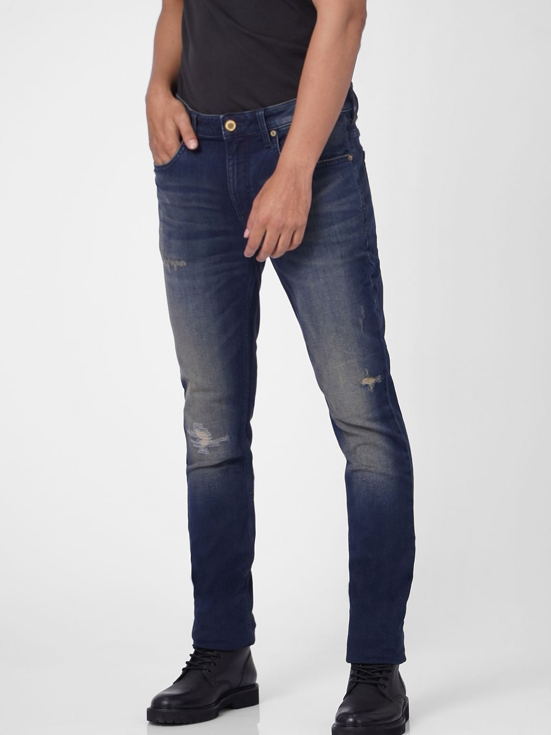 Dark Blue Low Rise Distressed Ben Skinny Jeans