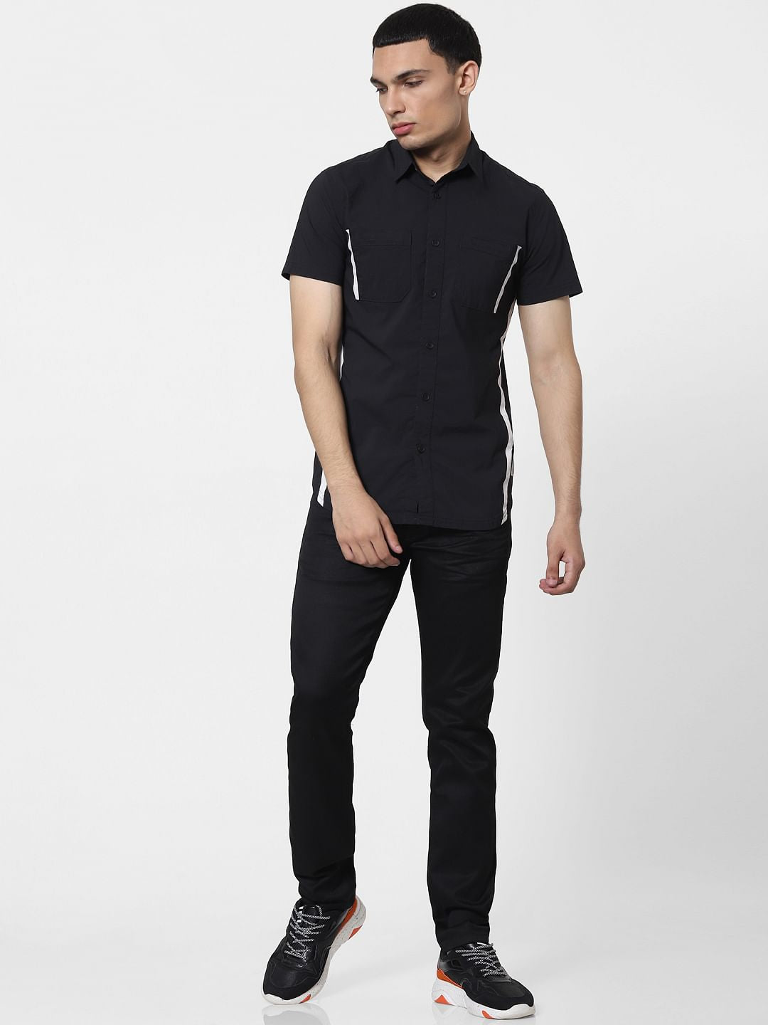 Black Tape Detail Short Sleeves Shirt