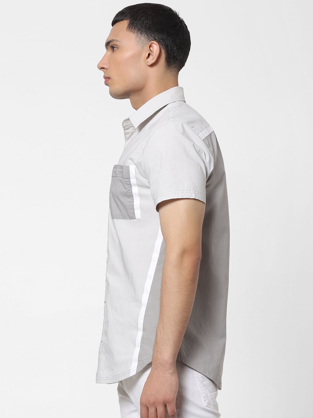Grey Colourblocked Short Sleeves Shirt