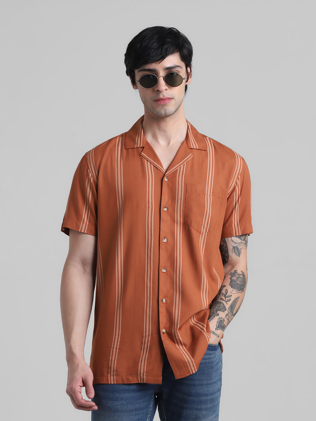 Brown Striped Short Sleeves Shirt - S