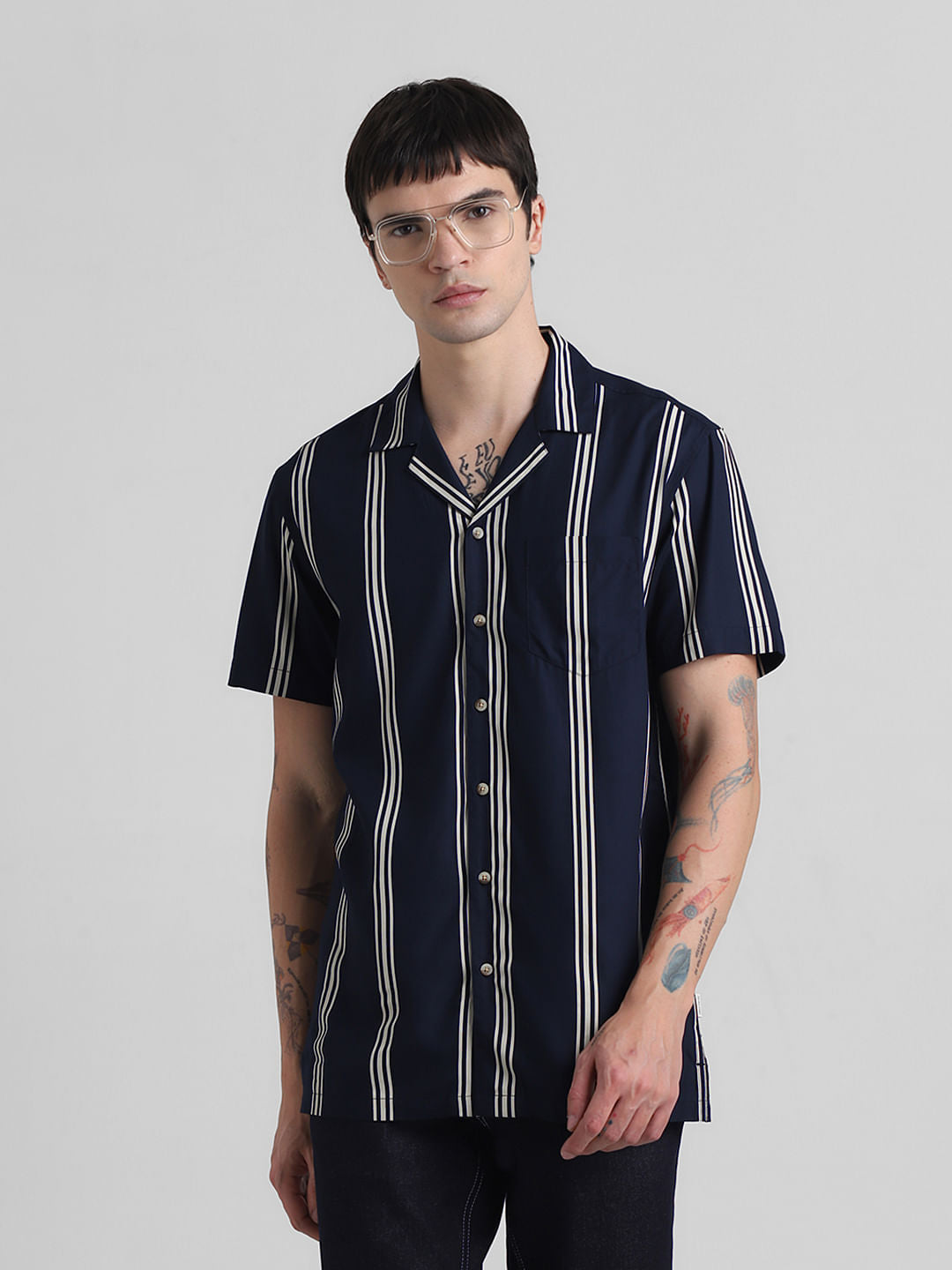 Navy Blue Striped Short Sleeves Shirt - S