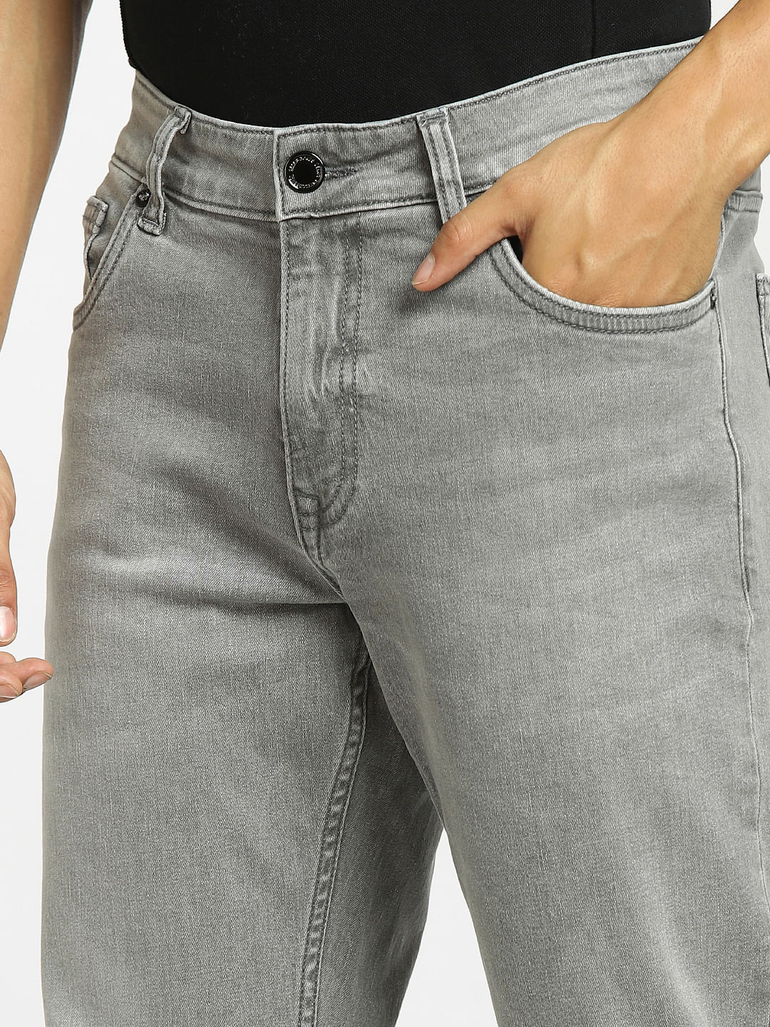 Grey Mid Rise Clark Regular Fit Jeans