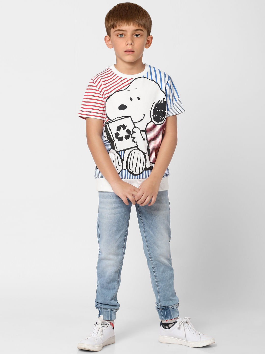 Boys X PEANUTS White Striped Graphic Print Crew Neck T-shirt - 4/5Y