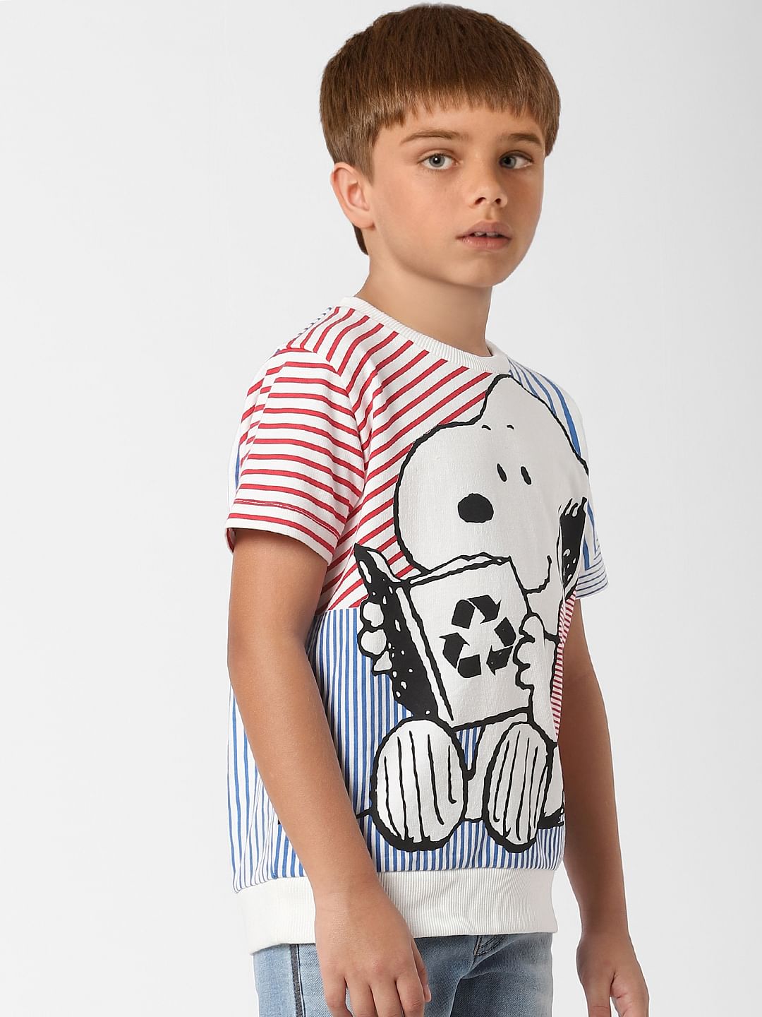 Boys X PEANUTS White Striped Graphic Print Crew Neck T-shirt