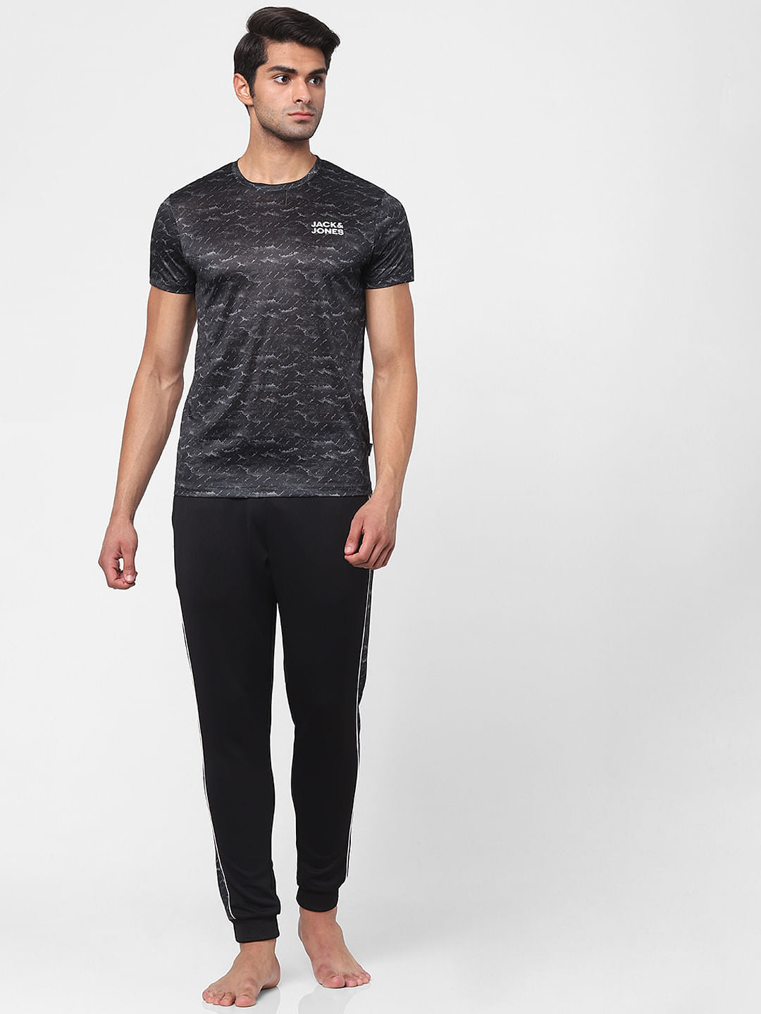Black Printed Crew Neck Gym T-shirt