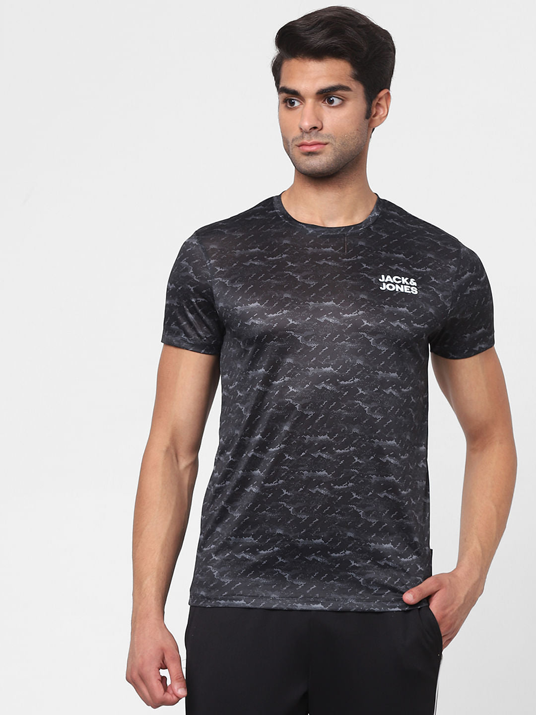 Black Printed Crew Neck Gym T-shirt