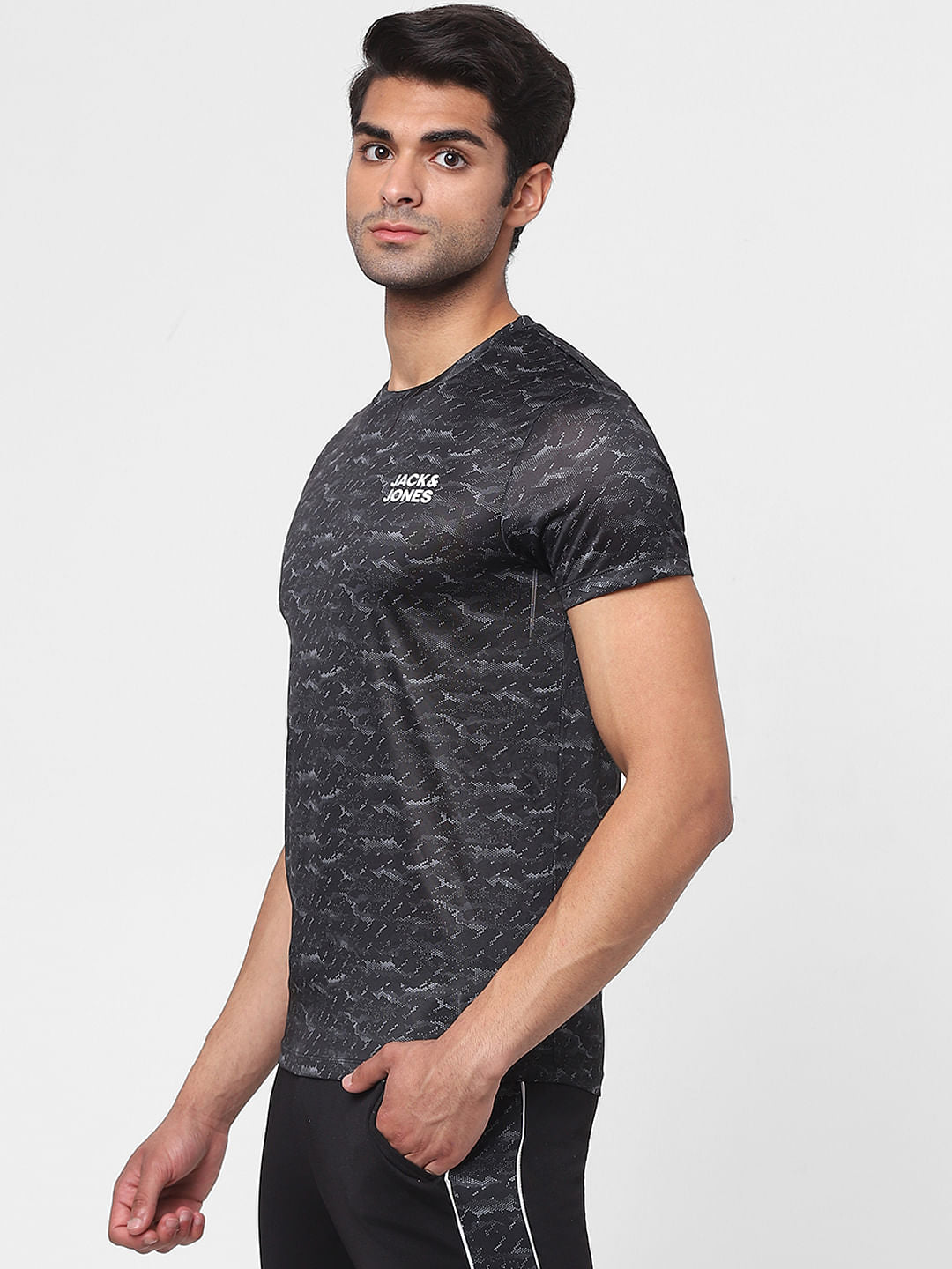 Black Printed Crew Neck Gym T-shirt