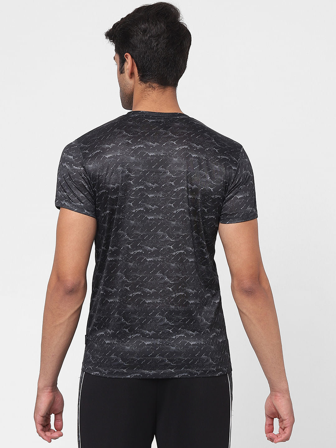 Black Printed Crew Neck Gym T-shirt