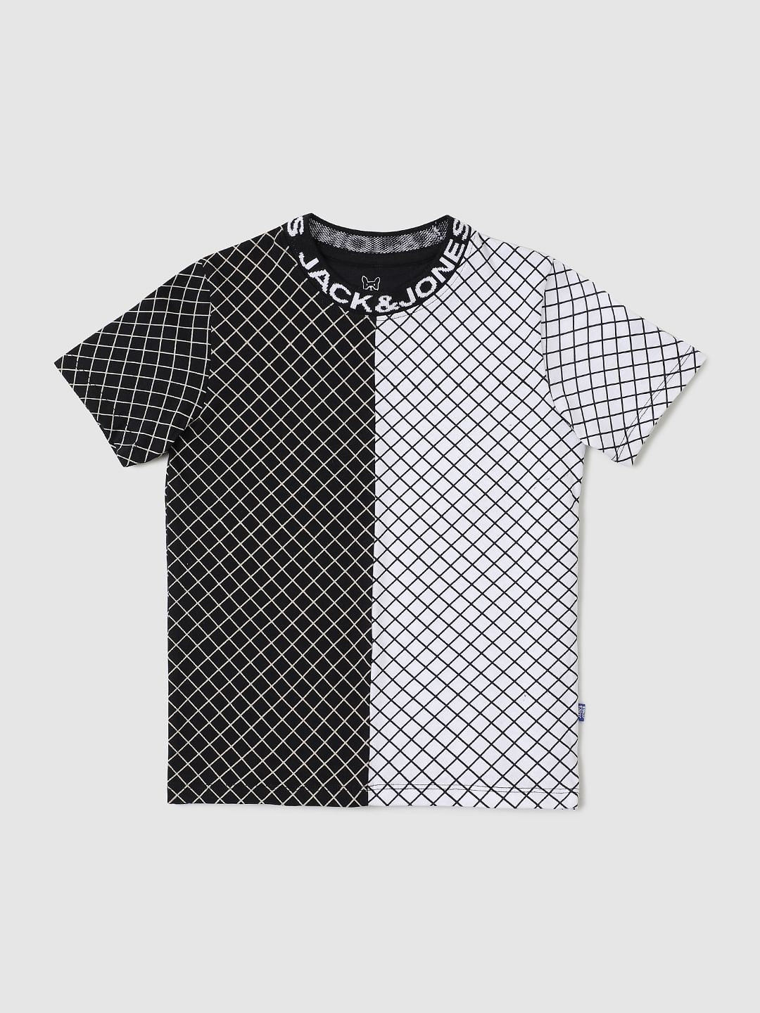 Boys Black & White Check Crew Neck T-shirt - 4/5Y