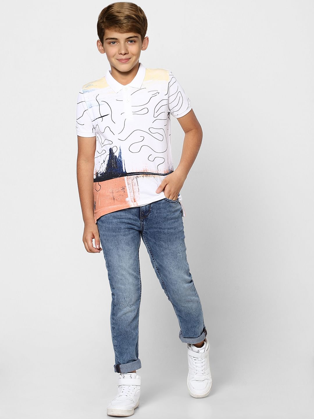 Boys White Abstract Print Polo Neck T-shirt - 4/5Y