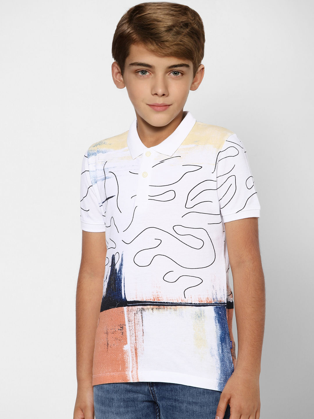 Boys White Abstract Print Polo Neck T-shirt