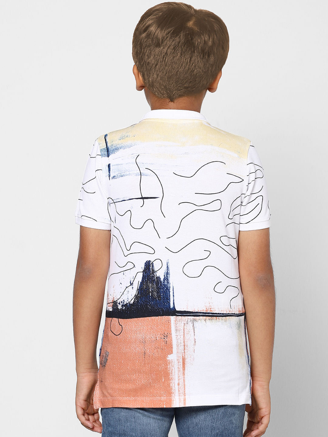 Boys White Abstract Print Polo Neck T-shirt
