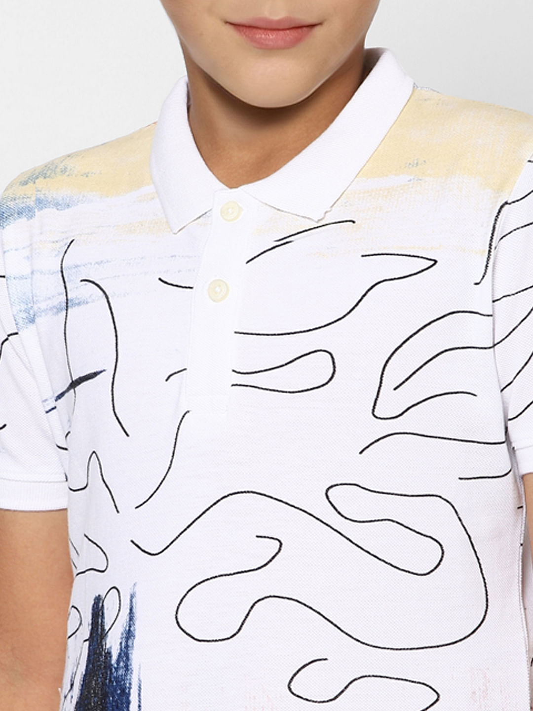Boys White Abstract Print Polo Neck T-shirt