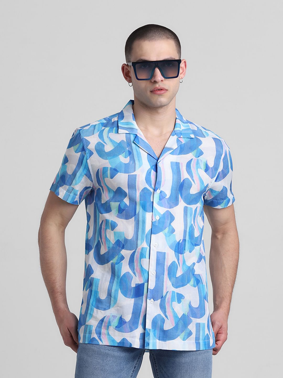 Blue Printed Short Sleeves Shirt