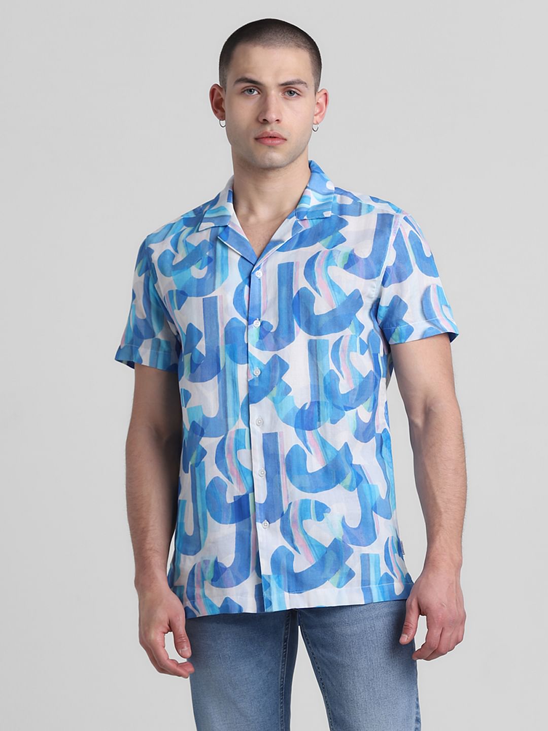 Blue Printed Short Sleeves Shirt