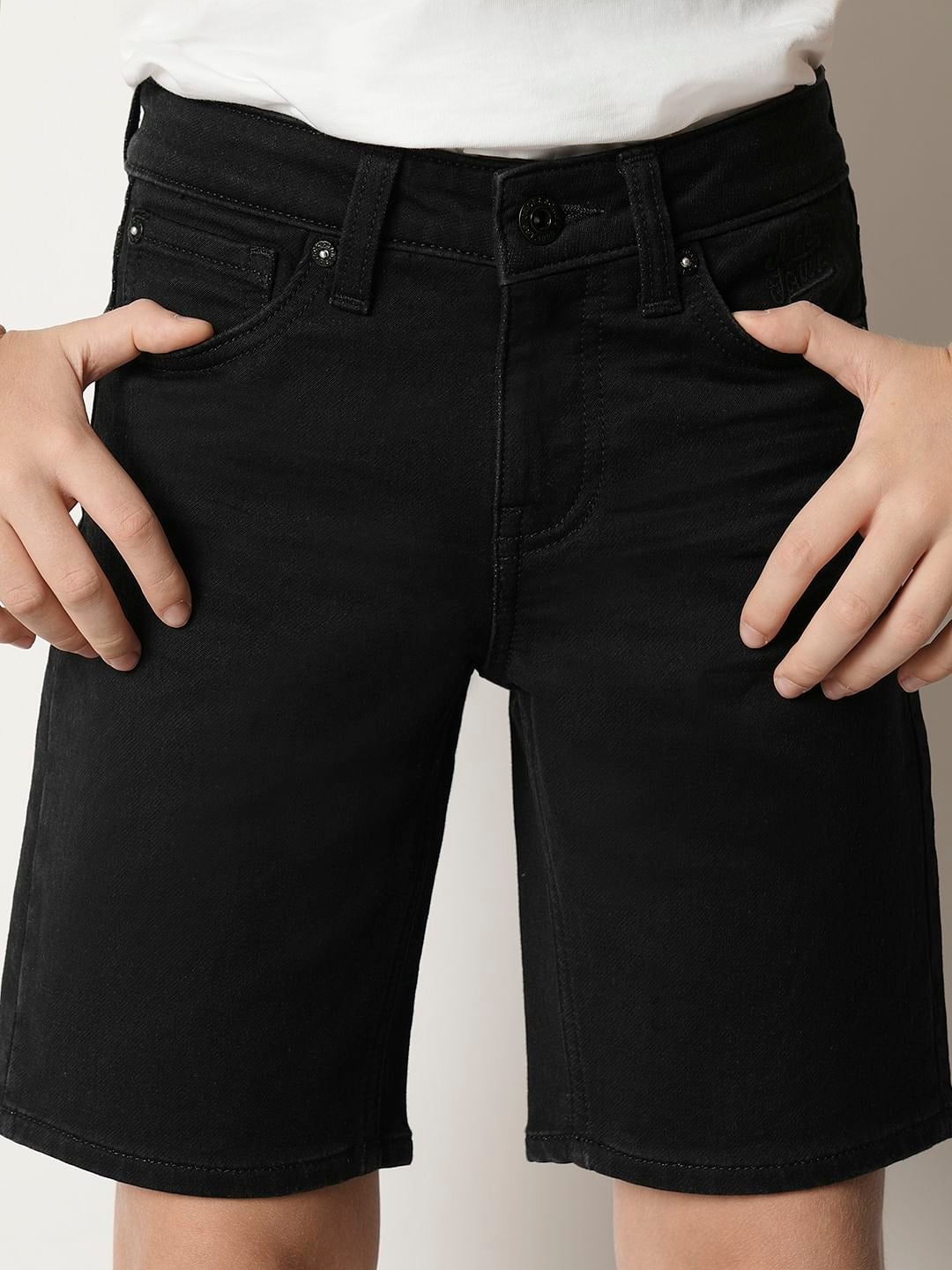 Boys Black Cotton Denim Shorts