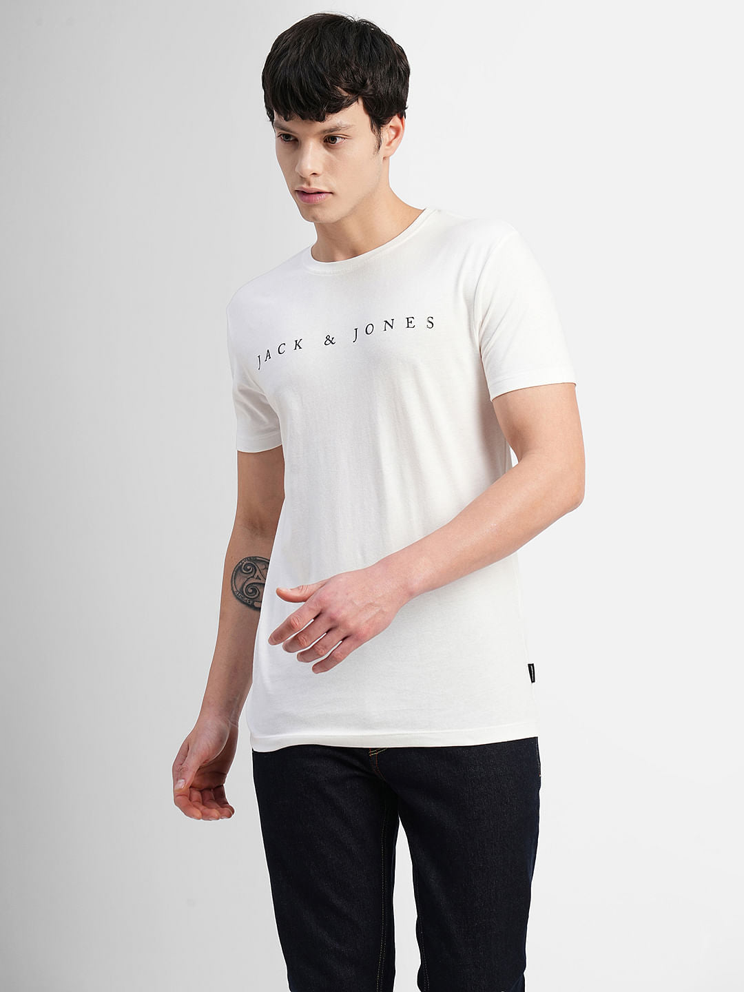 White Logo Text Print Crew Neck T-shirt