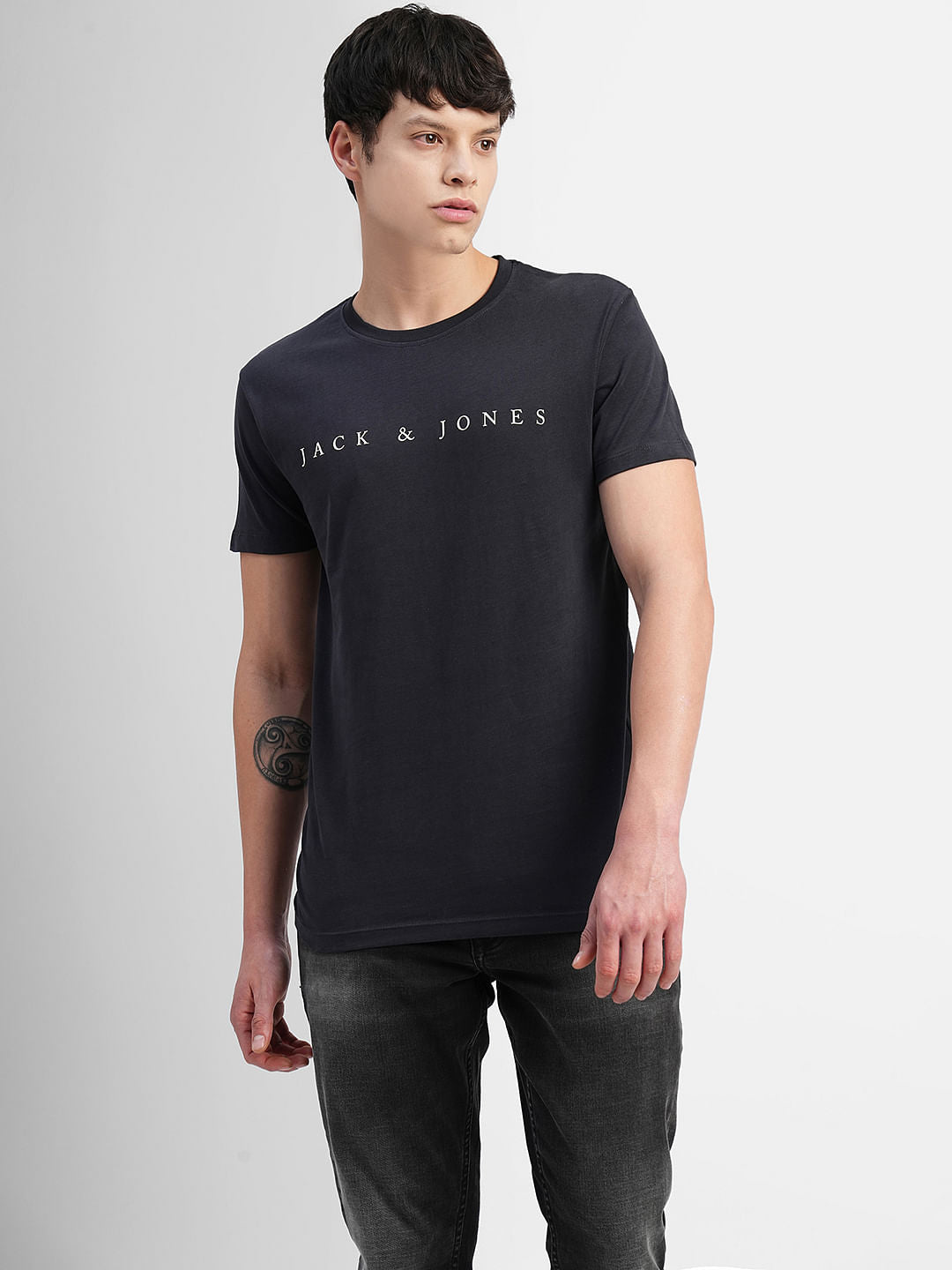 Black Logo Text Print Crew Neck T-shirt