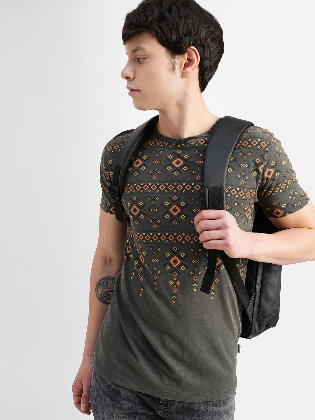 Grey Abstract Print Crew Neck T-shirt - S