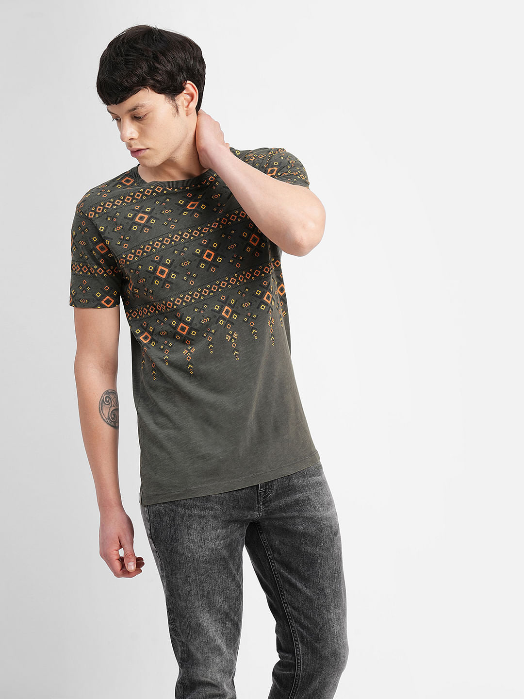Grey Abstract Print Crew Neck T-shirt