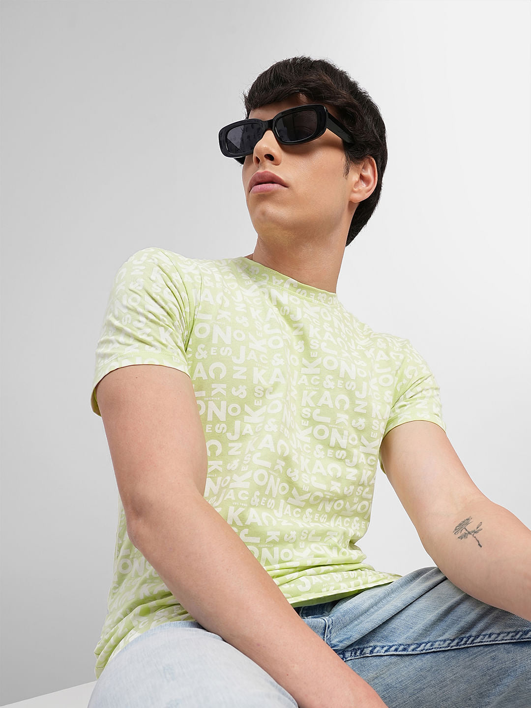 Green Letter Print Crew Neck T-shirt - S