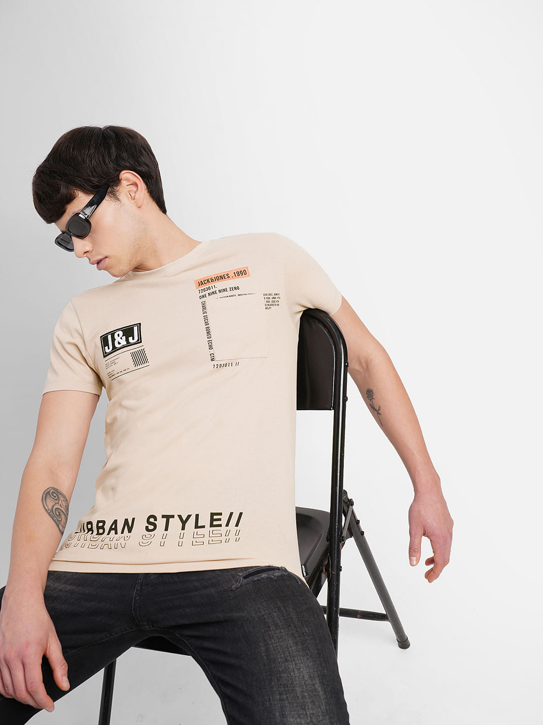 Beige Logo Print Crew Neck T-shirt - S