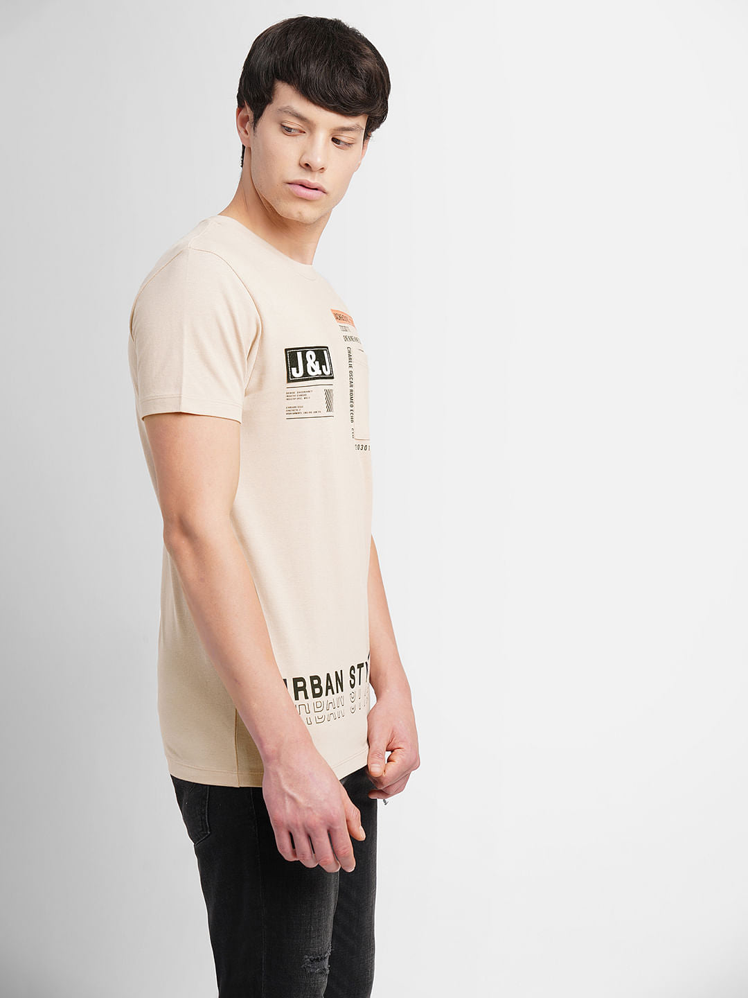 Beige Logo Print Crew Neck T-shirt