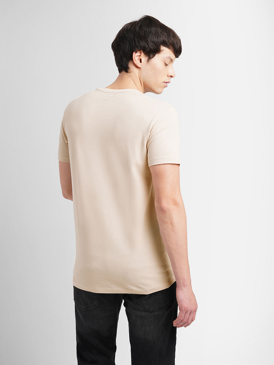Beige Logo Print Crew Neck T-shirt