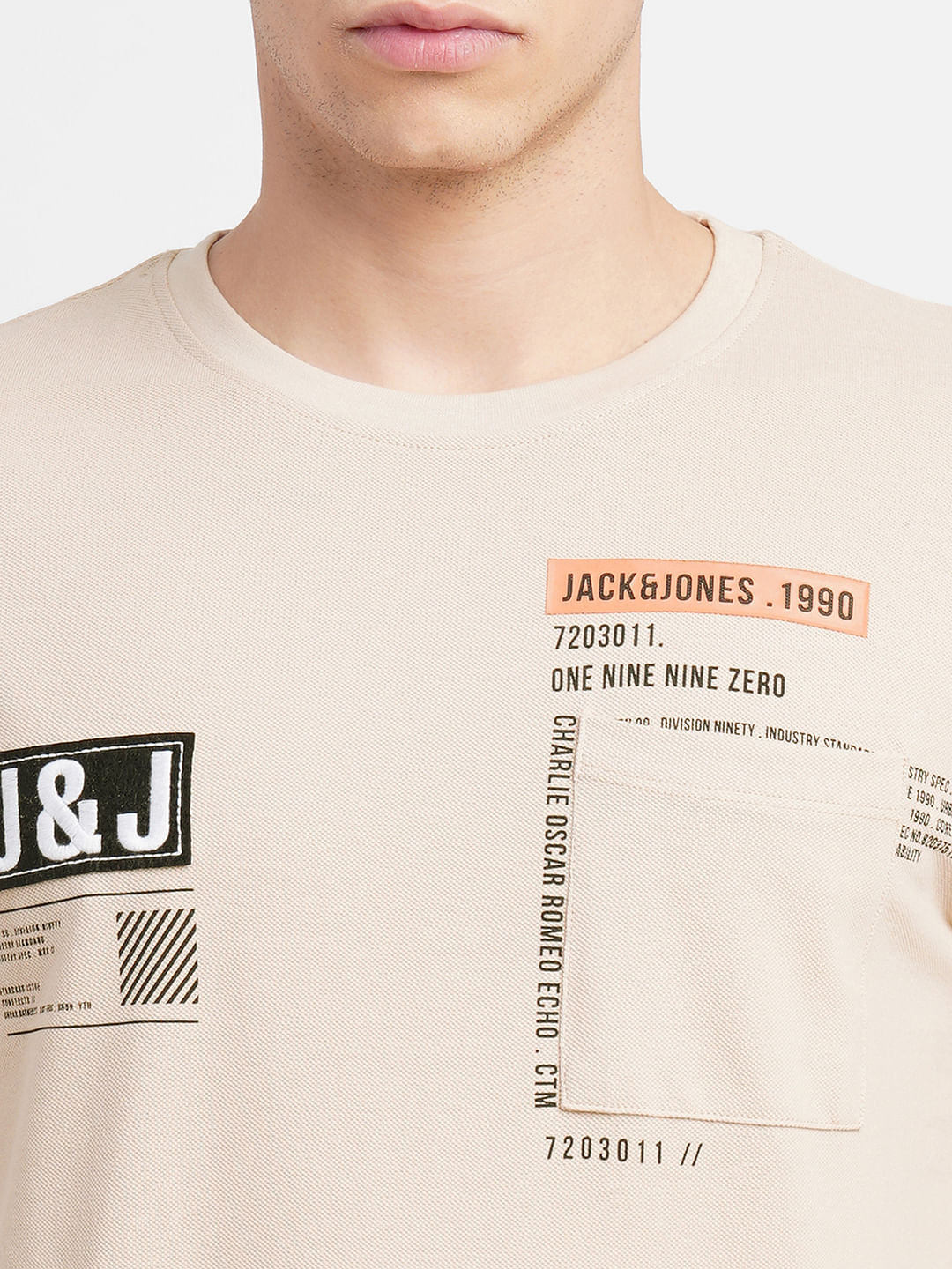 Beige Logo Print Crew Neck T-shirt