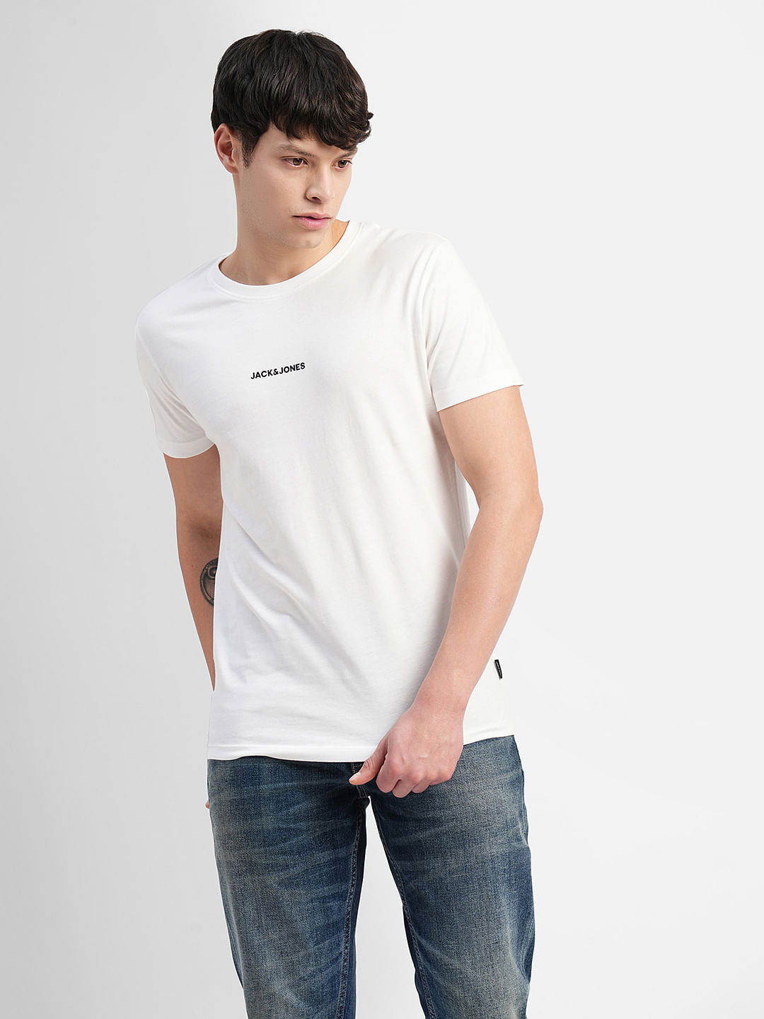 White Logo Text Print Crew Neck T-shirt