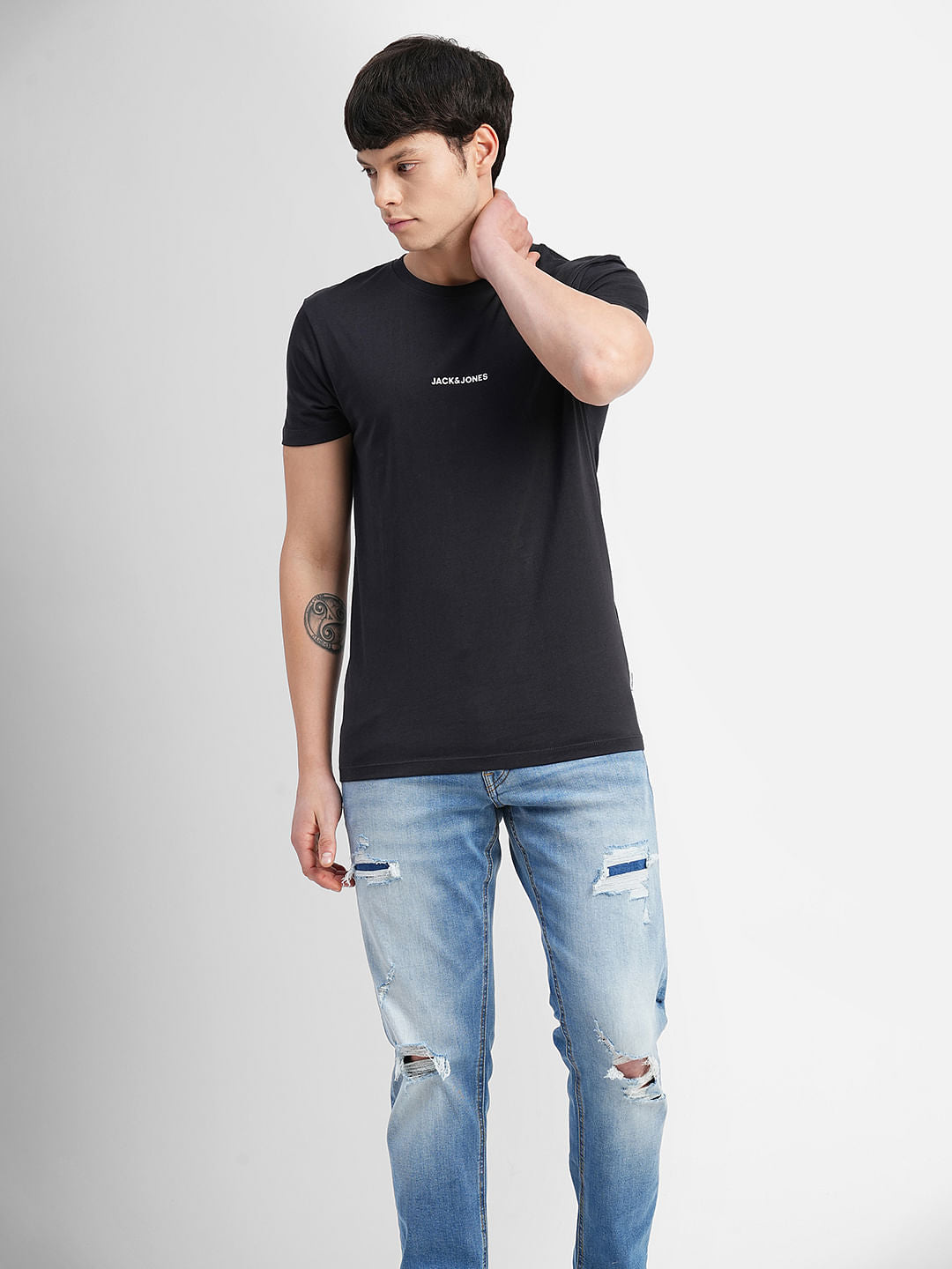 Black Logo Text Print Crew Neck T-shirt