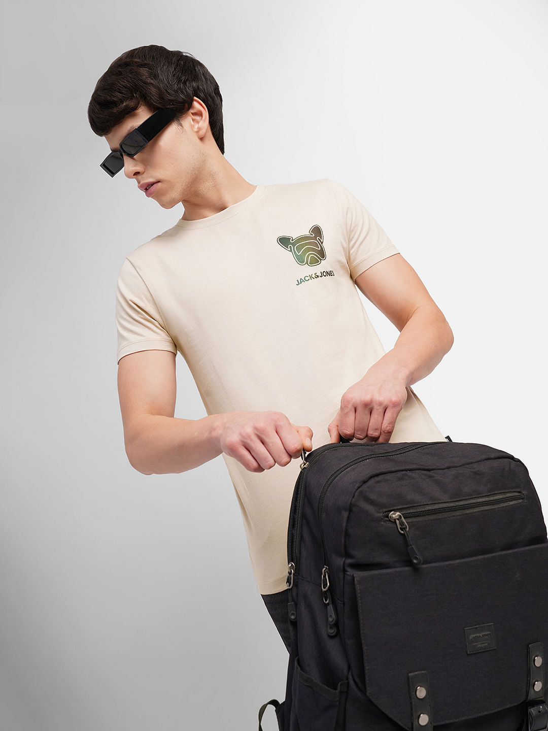 Beige Logo Print Crew Neck T-shirt - S