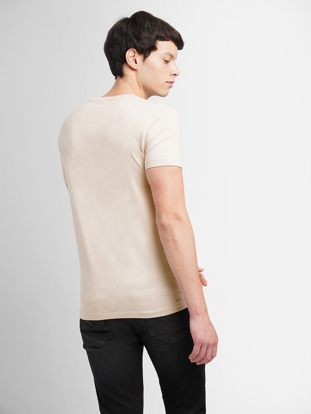 Beige Logo Print Crew Neck T-shirt