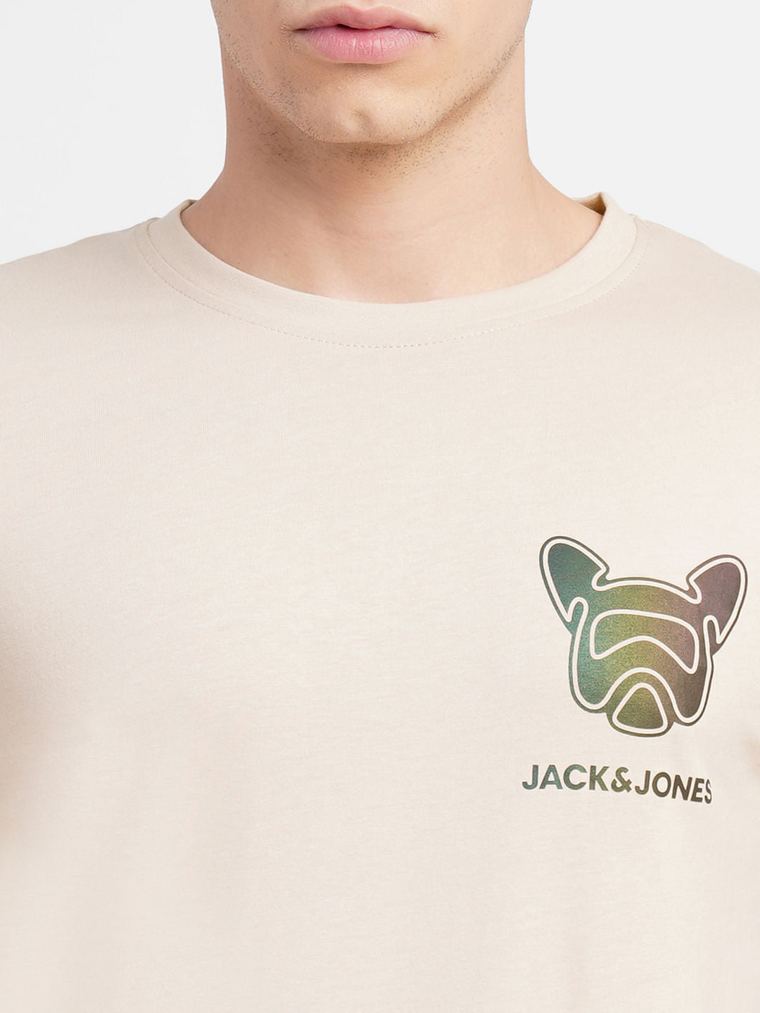 Beige Logo Print Crew Neck T-shirt