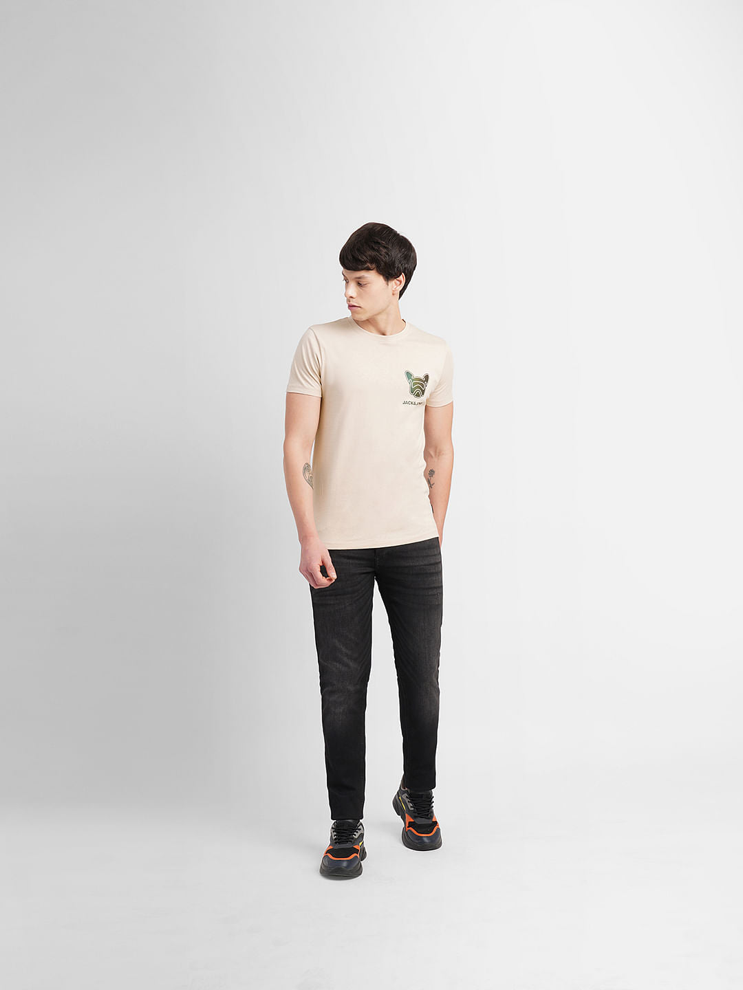 Beige Logo Print Crew Neck T-shirt