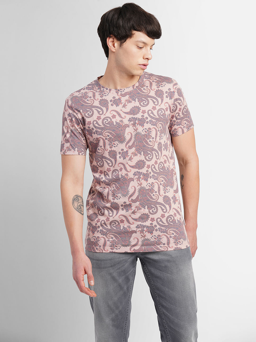 Pink Abstract Print Crew Neck T-shirt