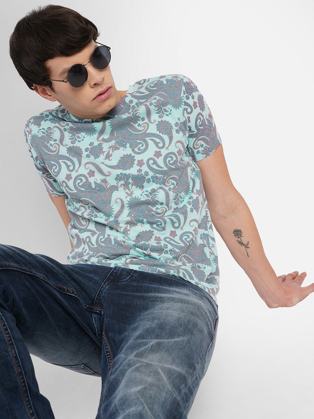 Turquoise Abstract Print Crew Neck T-shirt - S