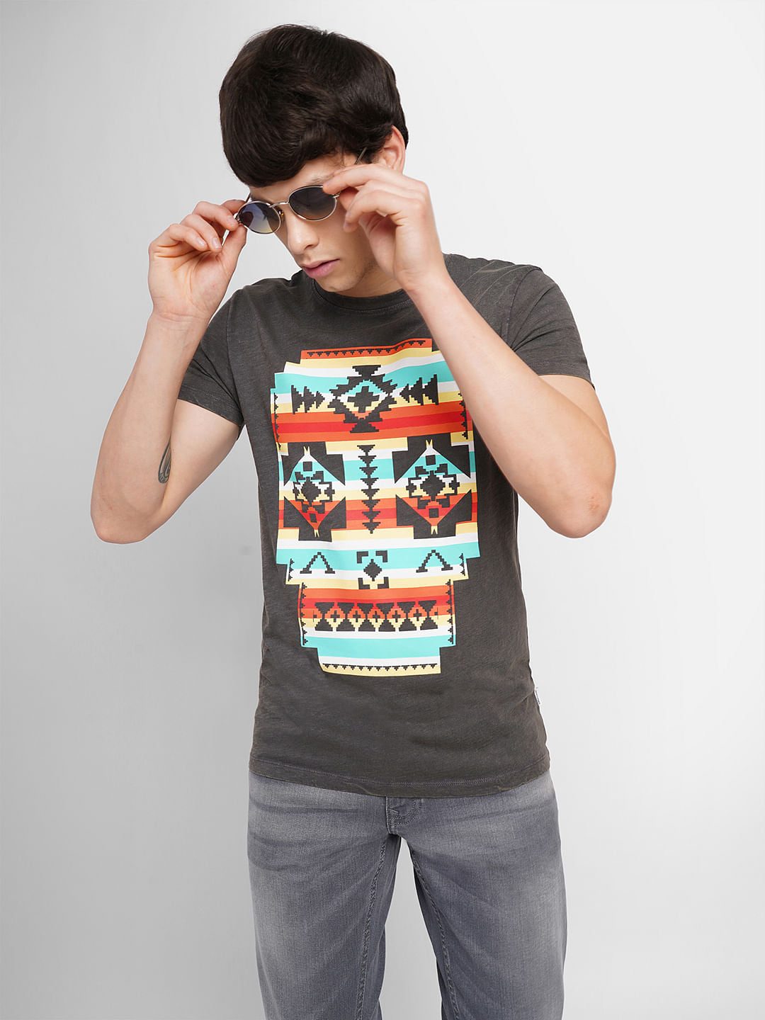 Grey Graphic Print Crew Neck T-shirt - S