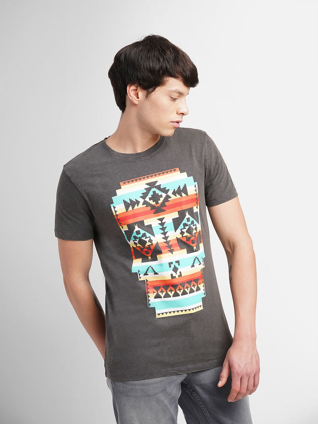 Grey Graphic Print Crew Neck T-shirt