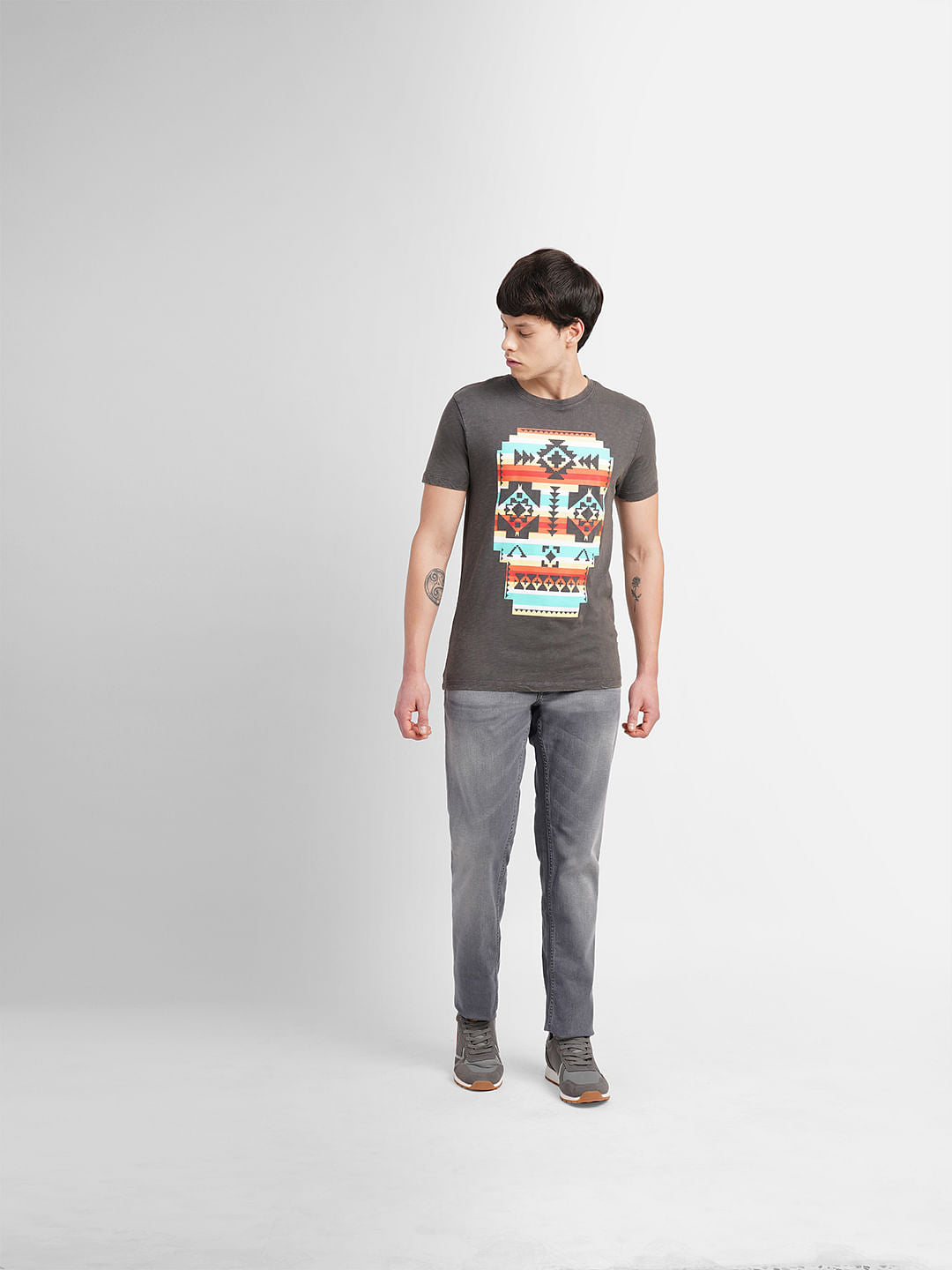 Grey Graphic Print Crew Neck T-shirt