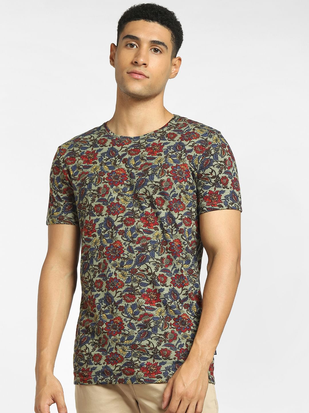 Green Floral Print Crew Neck T-shirt