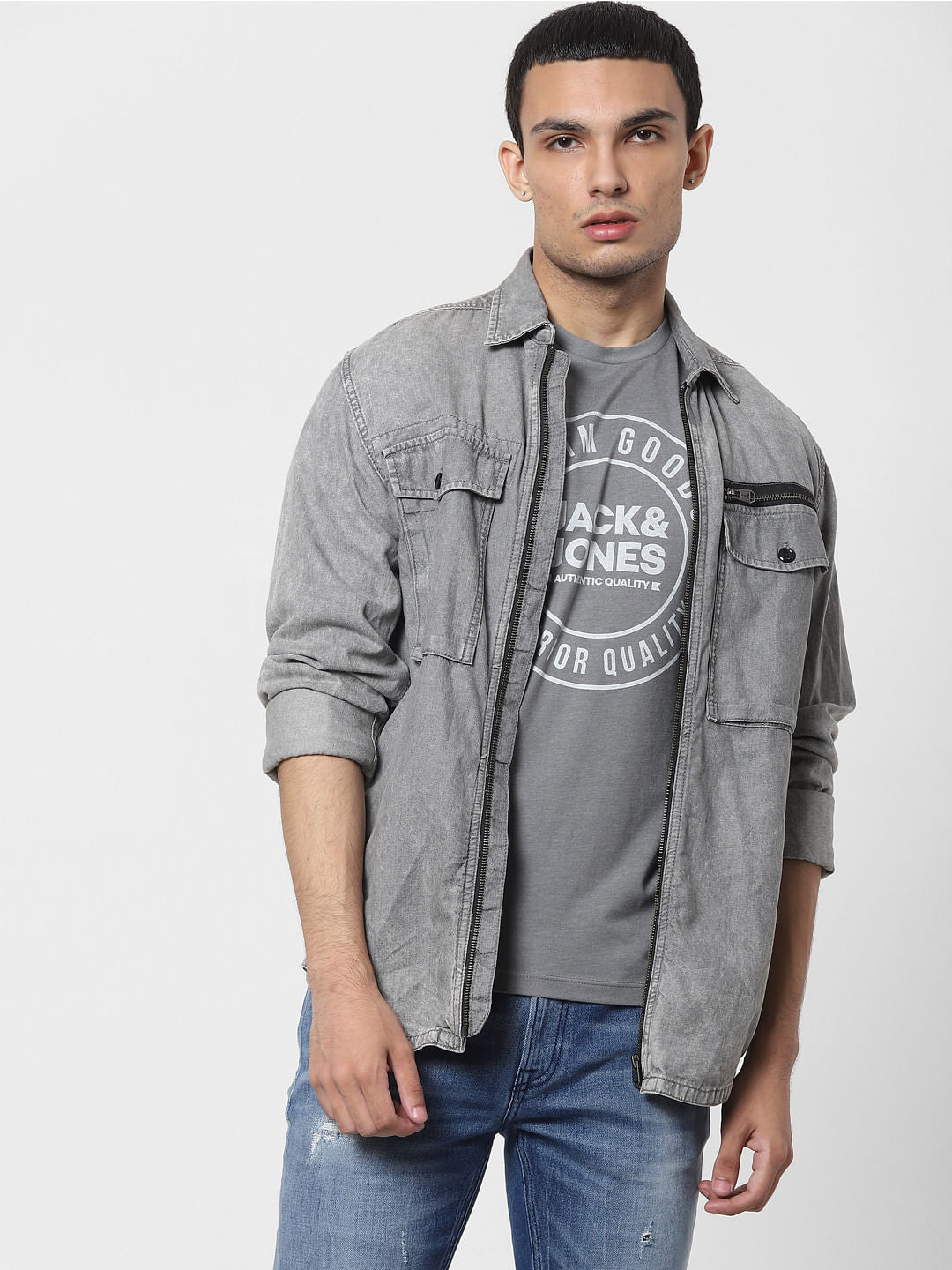 Grey Logo Print Crew Neck T-shirt - S