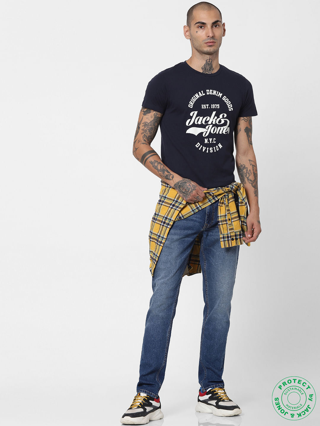 Navy Blue Logo Print Crew Neck T-shirt - S