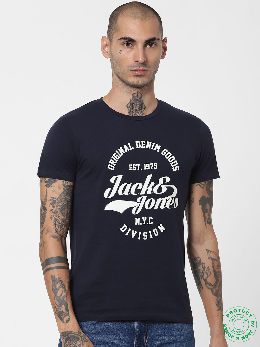 Navy Blue Logo Print Crew Neck T-shirt
