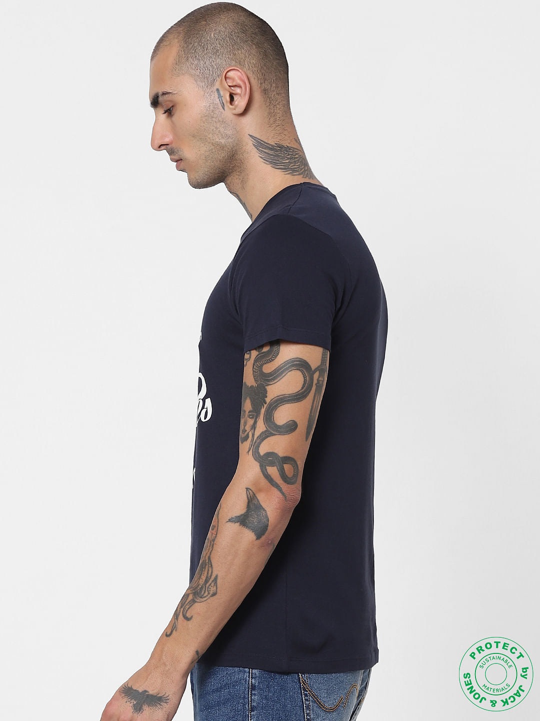 Navy Blue Logo Print Crew Neck T-shirt