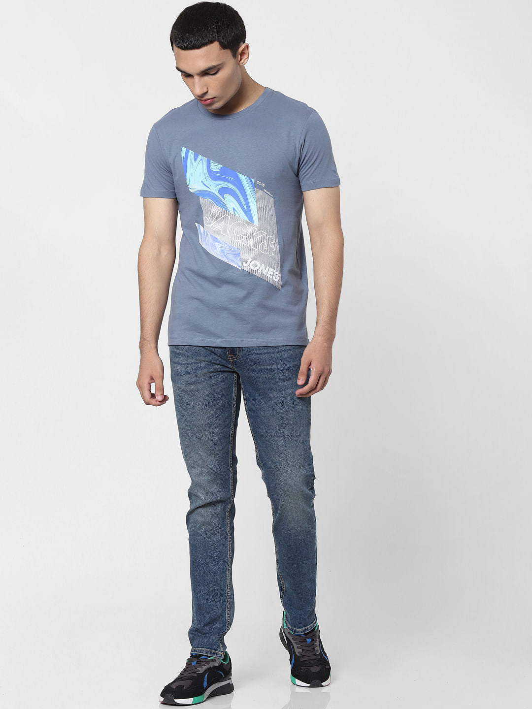 Blue Logo Print Crew Neck T-shirt