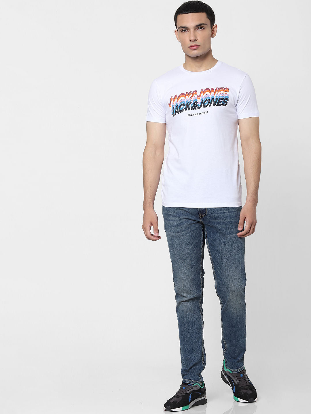 White Blue Graphic Print T-shirt