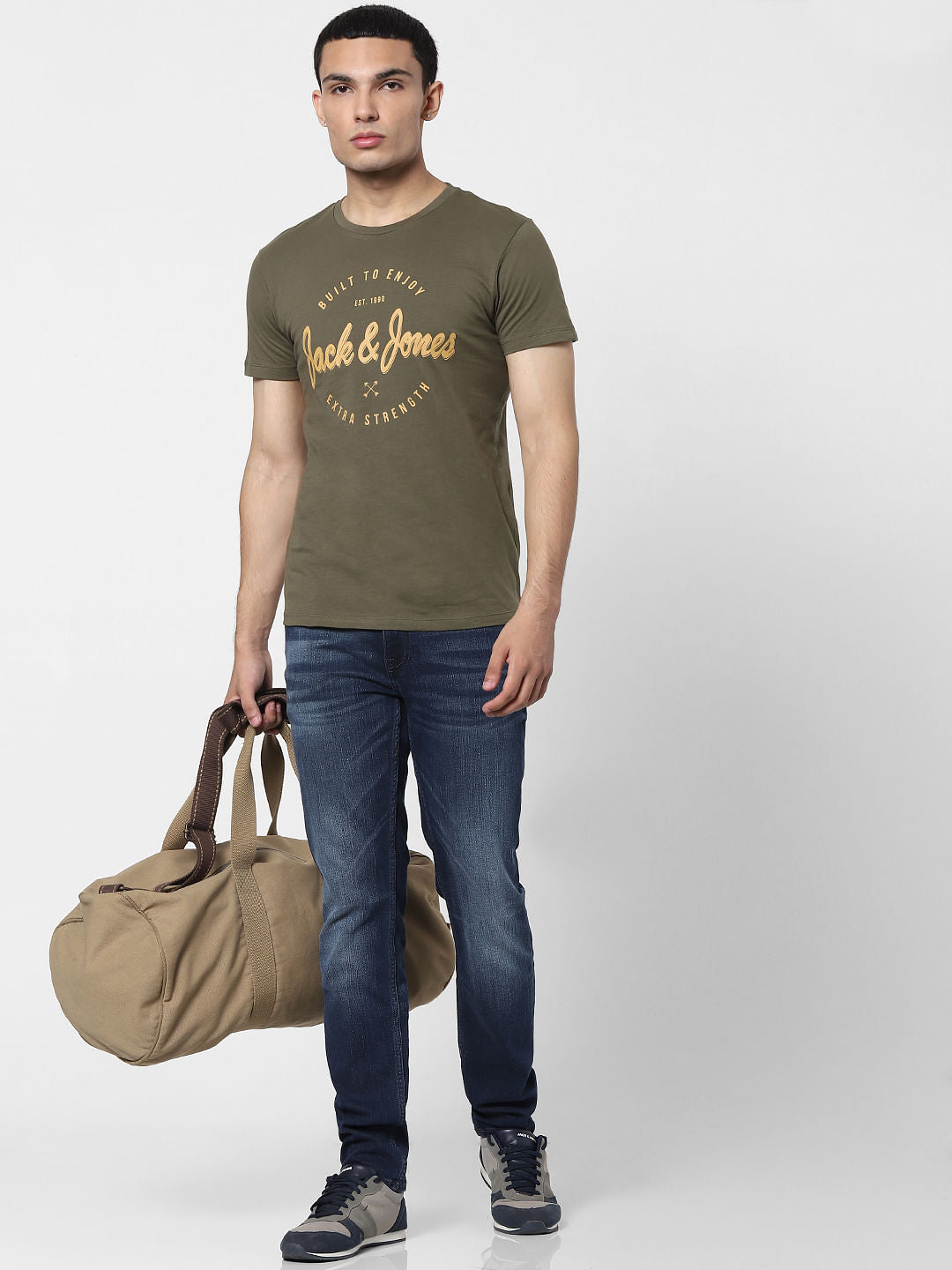 Olive Green Logo Print Crew Neck T-shirt - S
