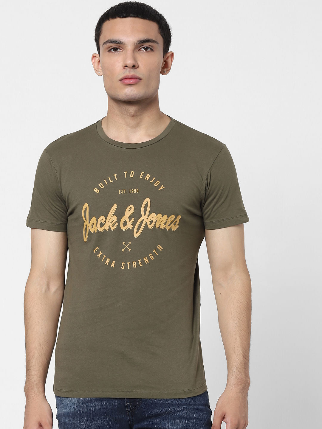 Olive Green Logo Print Crew Neck T-shirt